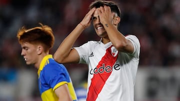 Soccer Football - Primera Division - River Plate v Boca Juniors - Estadio Mas Monumental, Buenos Aires, Argentina - May 7, 2023 River Plate's Pablo Solari reacts REUTERS/Agustin Marcarian