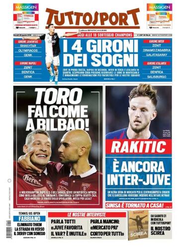 La portada del diario italiano Tuttosport del día 29 de agosto de 2019.