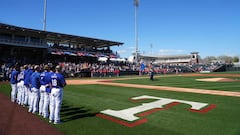 Mar 4, 2024; Surprise, Arizona, USA; Texas Rangers and Los Angeles Angels look on during the national anthem prior to the game at Surprise Stadium. Mandatory Credit: Joe Camporeale-USA TODAY Sports