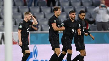 MUNICH, GERMANY - JUNE 23: Leon Goretzka of Germany celebrates with Kevin Volland and team mates after scoring their side's second goal during the UEFA Euro 2020 Championship Group F match between Germany and Hungary at Allianz Arena on June 23, 2021