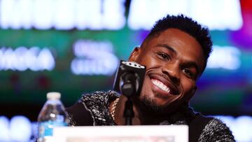 NEW YORK, NEW YORK - AUGUST 15: Jermell Charlo speaks to media during a press conference to preview their September 30 super middleweight undisputed championship fight against Canelo Alvarez (not pictured) at Palladium Times Square on August 15, 2023 in New York City.   Sarah Stier/Getty Images/AFP (Photo by Sarah Stier / GETTY IMAGES NORTH AMERICA / Getty Images via AFP)