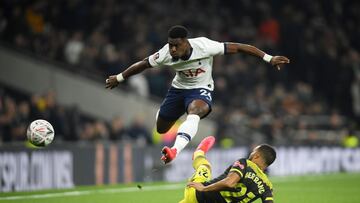 LONDON, ENGLAND - FEBRUARY 05: Ryan Bertrand of Southampton tackles Serge Aurier of Tottenham Hotspur during the FA Cup Fourth Round Replay match between Tottenham Hotspur and Southampton FC at Tottenham Hotspur Stadium on February 05, 2020 in London, Eng