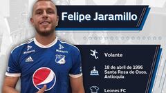 En un comunicado Millonarios confirm&oacute; la firma de contrato de Felipe Jaramillo. El exjugador de Leones es el primer refuerzo del equipo de Jorge Luis Pinto.