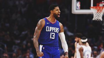 LOS ANGELES, CALIFORNIA - JANUARY 16: Paul George #13 of the Los Angeles Clippers celebrates after a three-point basket during the fourth quarter against the Oklahoma City Thunder at Crypto.com Arena on January 16, 2024 in Los Angeles, California. NOTE TO USER: User expressly acknowledges and agrees that, by downloading and or using this photograph, User is consenting to the terms and conditions of the Getty Images License Agreement. (Photo by Katelyn Mulcahy/Getty Images)
