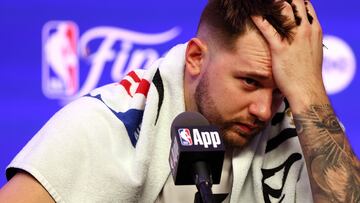 BOSTON, MASSACHUSETTS - JUNE 05: Luka Doncic #77 of the Dallas Mavericks speaks to the media during the 2024 NBA Finals Media Day at TD Garden on June 05, 2024 in Boston, Massachusetts. Maddie Meyer/Getty Images/AFP (Photo by Maddie Meyer / GETTY IMAGES NORTH AMERICA / Getty Images via AFP)