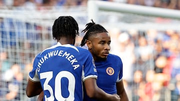 PHILADELPHIA, PENNSYLVANIA - JULY 22: Christopher Nkunku #45 of Chelsea celebrates a goal with Carney Chukwuemeka #30 during the first half of the pre season friendly match against the Brighton & Hove Albion at Lincoln Financial Field on July 22, 2023 in Philadelphia, Pennsylvania. Adam Hunger/Getty Images/AFP (Photo by Adam Hunger / GETTY IMAGES NORTH AMERICA / Getty Images via AFP)