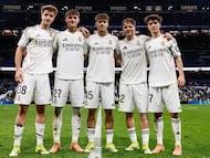 Los cinco jugadores del Castilla que jugaron el partido del Real Madrid contra el Elche: Palacios, Diego Aguado, Thiago Pitarch, Yáñez y Manuel Ángel.