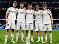 Los cinco jugadores del Castilla que jugaron el partido del Real Madrid contra el Elche: Palacios, Diego Aguado, Thiago Pitarch, Yáñez y Manuel Ángel.