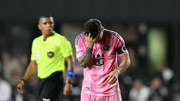 Inter Miami's Argentine forward #10 Lionel Messi reacts after missing a free kick during the Major League Soccer match between Inter Miami CF and Orlando City SC at Chase Stadium in Fort Lauderdale, Florida, on May 18, 2025. (Photo by CHANDAN KHANNA / AFP)