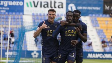 Jordi(i), Jannick, (c), Admonio, (d), celebraciom, gol 3-1,  UCAM CF vs San Fernando CDl 2 Division b, Grupo 4B, subgrupo C, Jornada 2, Estadio La Condomina, Murcia, 11/04/2021,