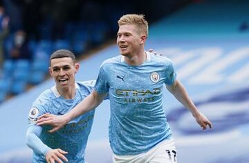 Kevin De Bruyne y Phil Foden celebran un gol.