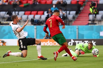 Cristiano despeja un córner en su área y acaba empujando un balón en la contraria. Todo, en la misma jugada. Se subieron a las cuadrigas los portugueses, Jota controló un envío alto, sirvió un pase de la muerte y Cristiano, a portería vacía, lo empujó con la zurda. ¡Se adelanta Portugal!