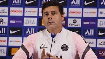 Soccer Football - Paris St Germain Press Conference - Ooredoo Training Centre, Saint-Germain-en-Laye, France - August 13, 2021 Paris St Germain coach Mauricio Pochettino during the press conference REUTERS/Pascal Rossignol