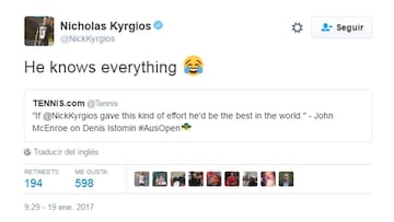 Kyrgios respondió con una burla a la crítica de McEnroe