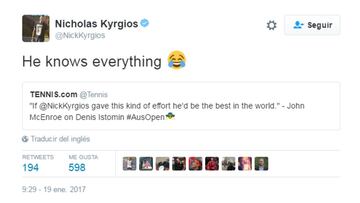 Kyrgios se burla de la crítica de McEnroe: "Lo sabe todo"