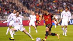 Belgium's Eden Hazard and Wales' Chris Mepham (left) battle for the ball during the UEFA Nations League Group D Match at King Baudouin Stadium, Brussels. Picture date: Thursday September 22, 2022. (Photo by Tim Goode/PA Images via Getty Images)