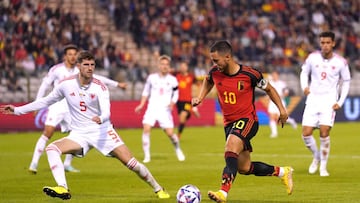 Belgium's Eden Hazard and Wales' Chris Mepham (left) battle for the ball during the UEFA Nations League Group D Match at King Baudouin Stadium, Brussels. Picture date: Thursday September 22, 2022. (Photo by Tim Goode/PA Images via Getty Images)