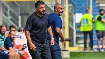 Napoli&#039;s Italian coach Gennaro Gattuso (L) and Parma&#039;s Italian coach Fabio Liverani stand side by side along the touchline during the Italian Serie A football match Parma vs Napoli on September 20, 2020 at the Ennio-Tardini stadium in Parma. (Ph