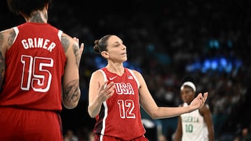 USA's #12 Diana Taurasi reacts in the women's quarterfinal basketball match between Nigeria and USA during the Paris 2024 Olympic Games at the Bercy Arena in Paris on August 7, 2024. (Photo by Aris MESSINIS / AFP)