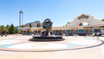 SAN MARTÍN DE LA VEGA, SPAIN - JULY 30: General view of the fountain with the Warner logo in front of the entrance at Parque Warner Madrid on July 30, 2021 in San Martin de la Vega, Spain. The theme park was inaugurated on April 5, 2002 and is divided into different spaces set on film and cartoon sets produced by Warner Bros. and DC Comics, as well as in various areas of the United States. Since 2006 it has held the award for the Safest Theme Park in Spain. In 2019 it received 2.26 million visitors, ranking among the twenty most visited theme parks in Europe. (Footage by David Benito/Getty Images)