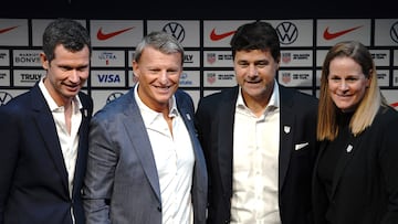 NEW YORK, NEW YORK - SEPTEMBER 13: (L-R) CEO & Secretary of U.S. Soccer JT Banton, Sporting Director of U.S. Soccer Matt Crocker, Men's National Team Head Coach Mauricio Pochettino, and President of U.S. Soccer Cindy Parlow pose for a photo during a press conference introducing Pochettino as U.S. Soccer's Men's National Team head coach at Hudson Yards on September 13, 2024 in New York City. Evan Bernstein/Getty Images/AFP (Photo by Evan Bernstein / GETTY IMAGES NORTH AMERICA / Getty Images via AFP)