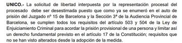 Fragmento del auto de la Audiencia de Barcelona