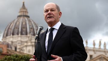 German Chancellor Olaf Scholz speaks during a press conference, with St. Peter's Basilica in the background, after a meeting with Pope Francis at the Vatican, in Rome, Italy, March 2, 2024. REUTERS/Guglielmo Mangiapane