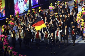 2016 Rio Olympics - Opening ceremony - Maracana - Rio de Janeiro, Brazil - 05/08/2016. Timo Boll (GER) of Germany leads his contingent during the opening ceremony. REUTERS/Mike Blake FOR EDITORIAL USE ONLY. NOT FOR SALE FOR MARKETING OR ADVERTISING CAMPAIGNS.  