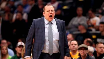 DENVER, CO - APRIL 05: Head coach Tom Thibodeau of the Minnesota Timberwolves watches as his team plays the Denver Nuggets at the Pepsi Center on April 5, 2018 in Denver, Colorado. NOTE TO USER: User expressly acknowledges and agrees that, by downloading