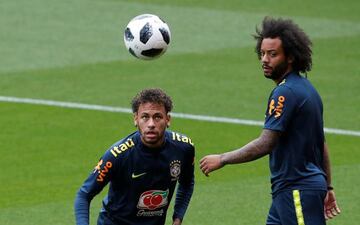 Neymar and Marcelo in Brazil's training session at Anfield yesterday.