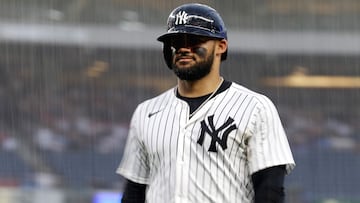 NEW YORK, NEW YORK - JULY 31: Jasson Dom�nguez #24 of the New York Yankees walks off the field during a rain delay against the Tampa Bay Rays during their game at Yankee Stadium on July 31, 2025 in New York City. Al Bello/Getty Images/AFP (Photo by AL BELLO / GETTY IMAGES NORTH AMERICA / Getty Images via AFP)