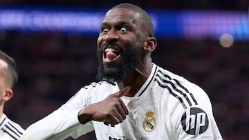 MADRID, SPAIN - MARCH 12: Antonio Rudiger of Real Madrid CF reacts after the UEFA Champions League 2024/25 UEFA Champions League 2024/25 Round of 16 second leg match between Atletico de Madrid and Real Madrid C.F. at Estadio Wanda Metropolitano on March 12, 2025 in Madrid, Spain. (Photo by Diego Souto/Getty Images)