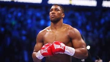 LONDON, ENGLAND - APRIL 01: Anthony Joshua looks on prior to the Heavyweight fight between Anthony Joshua and Jermaine Franklin at The O2 Arena on April 01, 2023 in London, England. (Photo by James Chance/Getty Images)