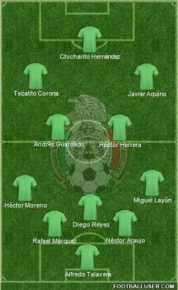 Alineación: A. Talavera, R. Márquez, H. Moreno, M. Layún, D. Reyes, N. Araujo, A. Guardado, J. Aquino, H. Herrera, J. Hernández, J. Corona