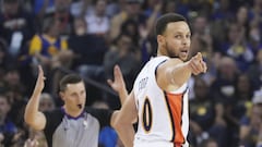 April 7, 2019; Oakland, CA, USA; Golden State Warriors guard Stephen Curry (30) celebrates after making a three-point basket against the LA Clippers during the first quarter at Oracle Arena. Mandatory Credit: Kyle Terada-USA TODAY Sports