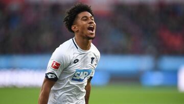 Hoffenheim&#039;s English forward Reiss Nelson celebrates scoring his team&#039;s first goal during the German first division Bundesliga football match of Bayer Leverkusen vs TSG 1899 Hoffenheim in Leverkusen, western Germany, on November 03, 2018. (Photo