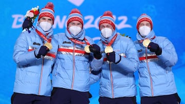 Gold Medallists Jens Luraas Oftebro, Espen Andersen, Espen Bjoernstad and Joergen Graabak of Team Norway pose with their medals during the Men&rsquo;s Large Hill/4x5km Medal Ceremony on Day 14 of the Beijing 2022 Winter Olympic Games. 