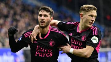 HERENVEEN - (lr) Santiago Gimenez of Feyenoord, Marcus Pedersen of Feyenoord celebrate the 0-2 during the Dutch premier league match between sc Heerenveen and Feyenoord at Abe Lenstra Stadium on February 12, 2023 in Heerenveen, Netherlands. ANP OLAF KRAAK (Photo by ANP via Getty Images)