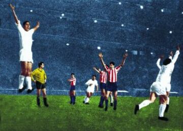 El 17 de marzo de 1963 el Real Madrid conquistó su noveno título de Liga a cinco jornadas del final ante el Atlético de Madrid, segundo en la tabla. Ganó a los rojiblancos por 4 goles a 3. En la imagen, los jugadores del Real Madrid celebran el título tras el pitido final. 