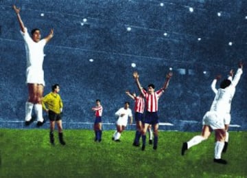 El 17 de marzo de 1963 el Real Madrid conquistó su noveno título de Liga a cinco jornadas del final ante el Atlético de Madrid, segundo en la tabla. Ganó a los rojiblancos por 4 goles a 3. En la imagen, los jugadores del Real Madrid celebran el título tras el pitido final. 