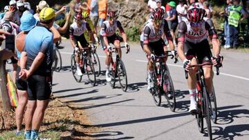 UAE Team Emirates team's Norwegian rider Vegard Stake Laengen (R) cycles ahead of his teammates leading the pack of riders during the 7th stage of the 109th edition of the Tour de cycling race, 176,3 km between Tomblaine and La Super Planche des Belles Filles, in eastern , on July 8, 2022. (Photo by Thomas SAMSON / AFP) (Photo by THOMAS SAMSON/AFP via Getty Images)