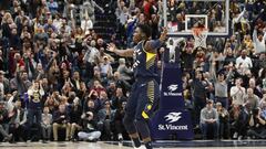 Dec 8, 2017; Indianapolis, IN, USA; Indiana Pacers guard Victor Oladipo (4) celebrates after scoring the game winning shot in the final minute of the fourth quarter against the Cleveland Cavaliers at Bankers Life Fieldhouse. Mandatory Credit: Brian Spurlock-USA TODAY Sports