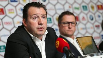 Belgium's head coach Marc Wilmots and Belgium's assistant coach Vital Borkelmans attend a press conference for the Belgian national soccer team the Red Devils on March 18, 2016.