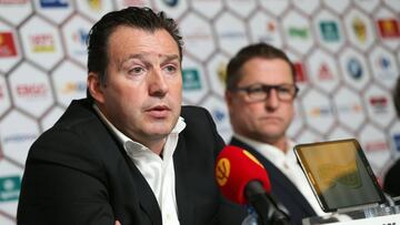 Belgium&#039;s head coach Marc Wilmots and Belgium&#039;s assistant coach Vital Borkelmans attend a press conference for the Belgian national soccer team the Red Devils on March 18, 2016.