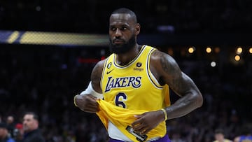 DENVER, COLORADO - MAY 16: LeBron James #6 of the Los Angeles Lakers reacts after his team was defeated by the Denver Nuggets in game one of the Western Conference Finals at Ball Arena on May 16, 2023 in Denver, Colorado. NOTE TO USER: User expressly acknowledges and agrees that, by downloading and or using this photograph, User is consenting to the terms and conditions of the Getty Images License Agreement.   Matthew Stockman/Getty Images/AFP (Photo by MATTHEW STOCKMAN / GETTY IMAGES NORTH AMERICA / Getty Images via AFP)