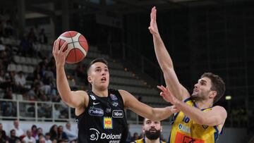 Penetration by Matteo Spagnolo - Dolomiti Energia Trentino during the match between Dolomiti Trentino Energia and Givova Scafati valid for the Italian A1 basketball championship on October 30, 2022 at BLM Group Arena in Trento, Italy (Photo by Roberto Tommasini/NurPhoto via Getty Images)