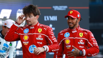 Formula One F1 - Mexico Grand Prix - Autodromo Hermanos Rodriguez, Mexico City, Mexico - October 25, 2025 Second placed Ferrari's Charles Leclerc and third placed Ferrari's Lewis Hamilton after qualifying REUTERS/Raquel Cunha