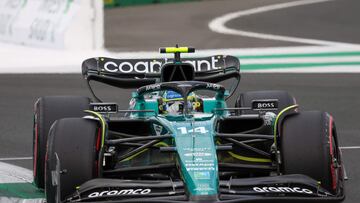 Aston Martin's Spanish driver Fernando Alonso drives during the third practice session ahead of the 2023 Saudi Arabia Formula One Grand Prix at the Jeddah Corniche Circuit in Jeddah on March 18, 2023. (Photo by Giuseppe CACACE / AFP)