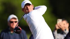 Rory McIlroy of Northern Ireland plays his shot from the eighth tee during a practice round.