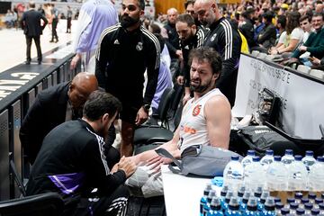 Sergio Llull, base del Real Madrid, se duele de la rodilla izquierda en los cuartos de la Copa 2023 ante el Valencia.